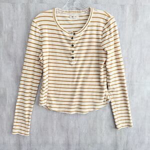 Madewell Shirt Women’s Large Striped Yellow Long Sleeve Ribbed Henley Tee FLAW!